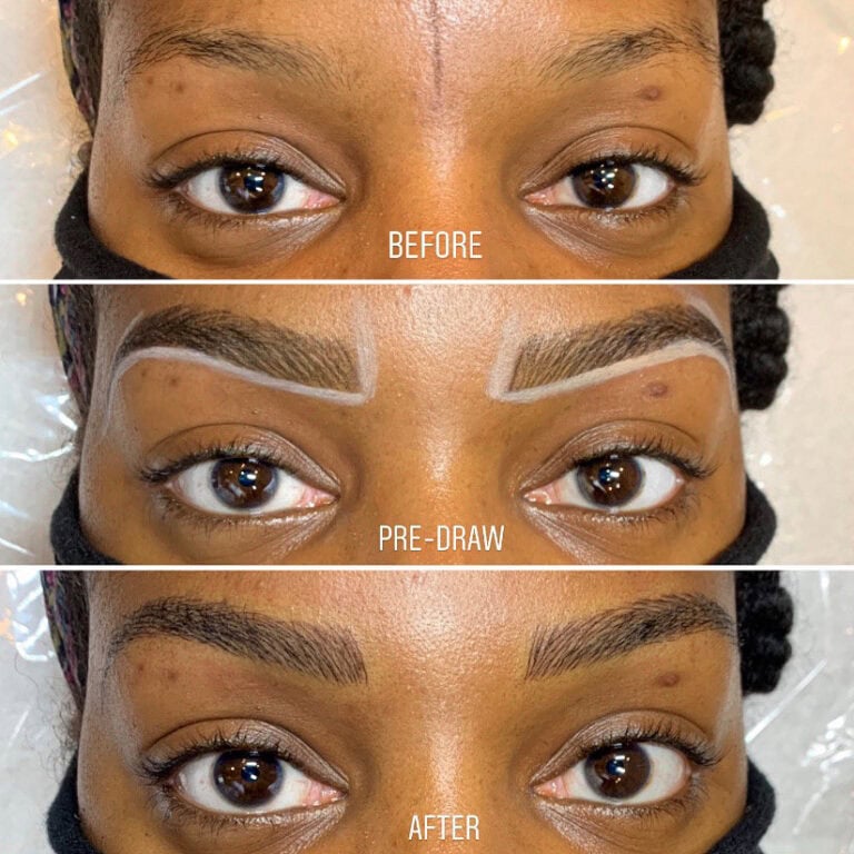 Microbladed eyebrows immediately after treatment on a client with a darker skin tone