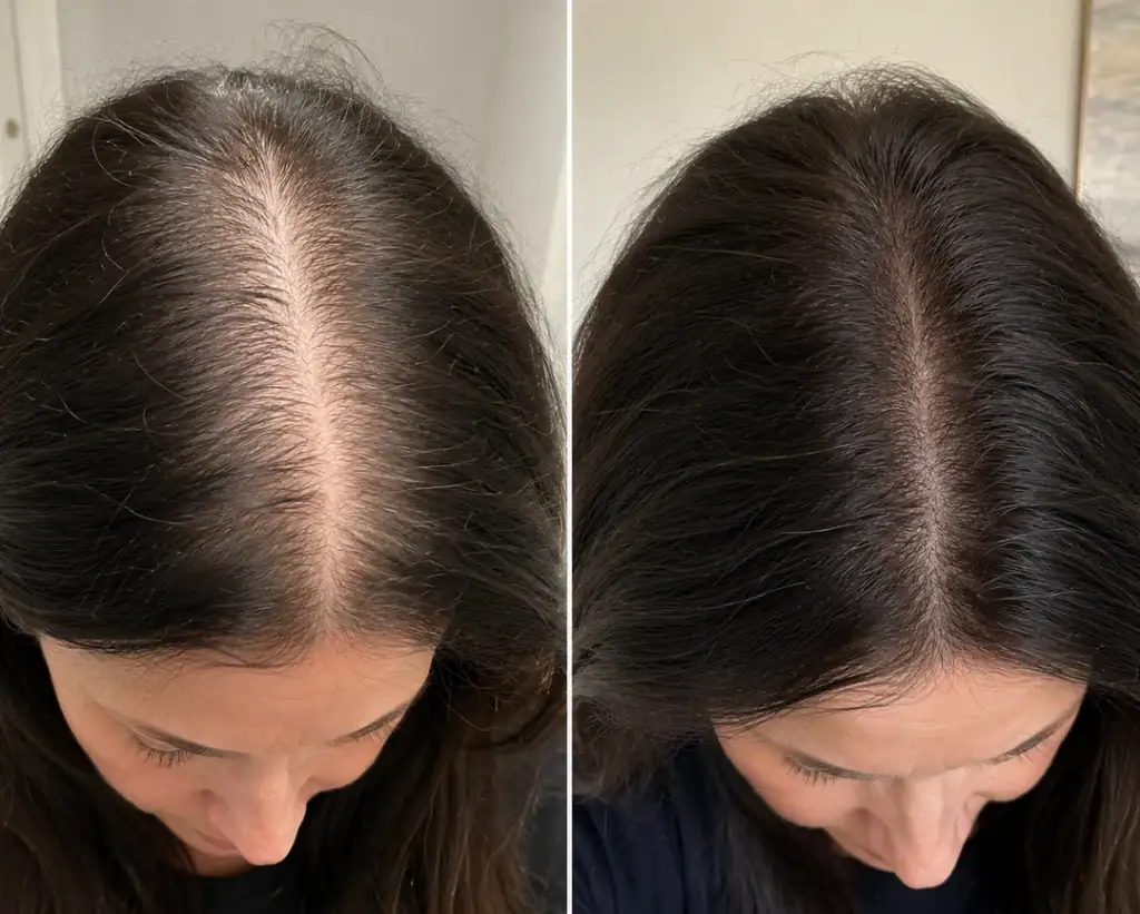 Before and after SMP for a woman with diffuse hair thinning